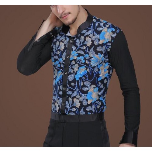 Blue floral Dance shirts  modern dance tops for men competition clothing adult long-sleeve shirt male Latin dance